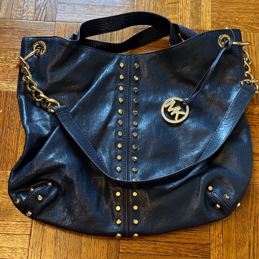 Michael Kors Dark Blue Shoulder Bag with Gold Accents
